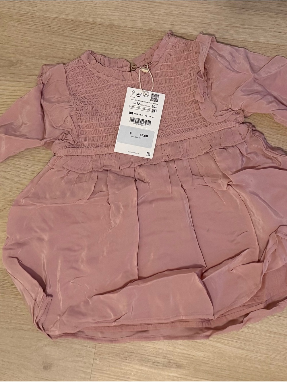 Zara Girls Pink Smocked Long-Sleeve Dress